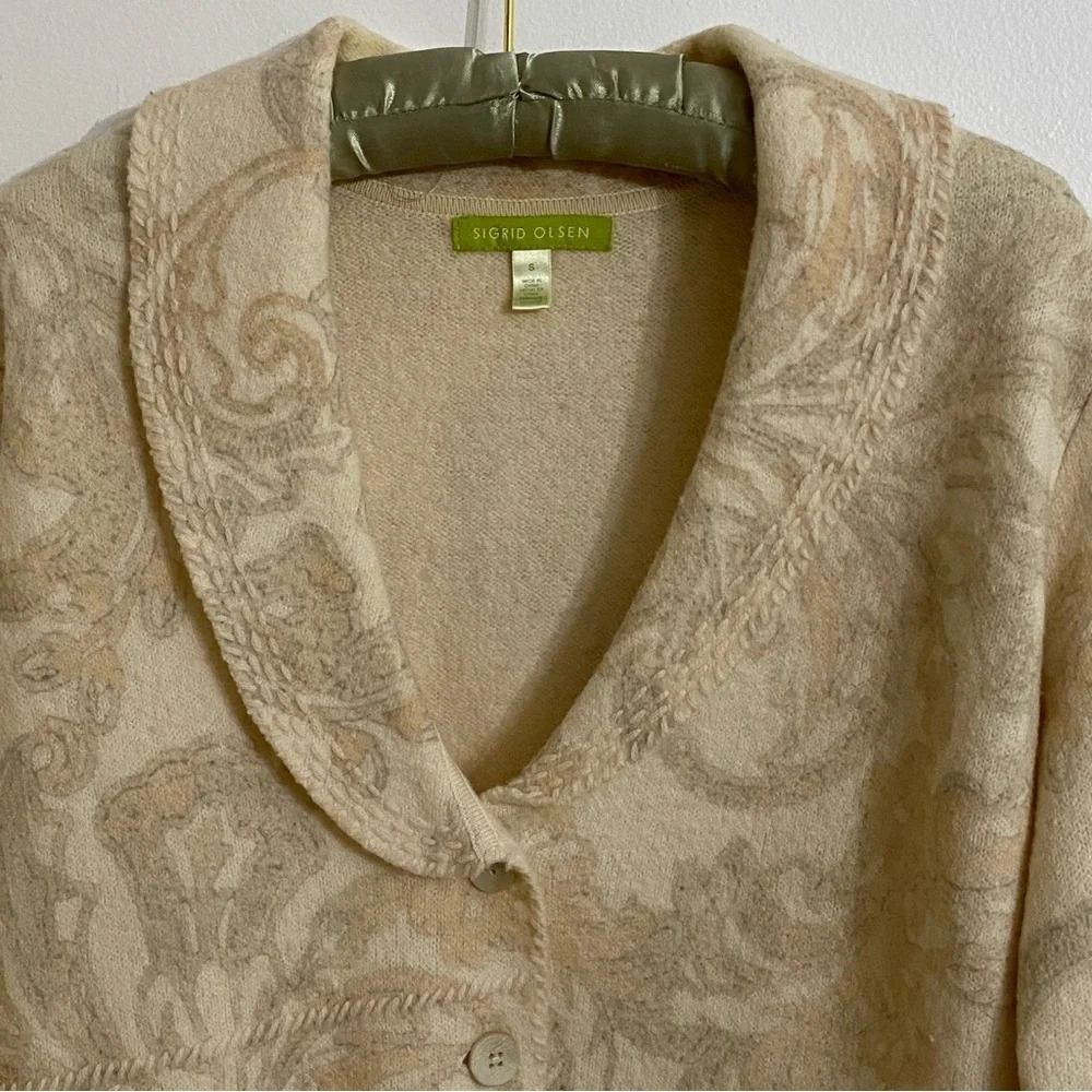 Sigrid Olsen Cream Tan Floral Wool Button Front Cardigan Sweater Small - Picture 3 of 6